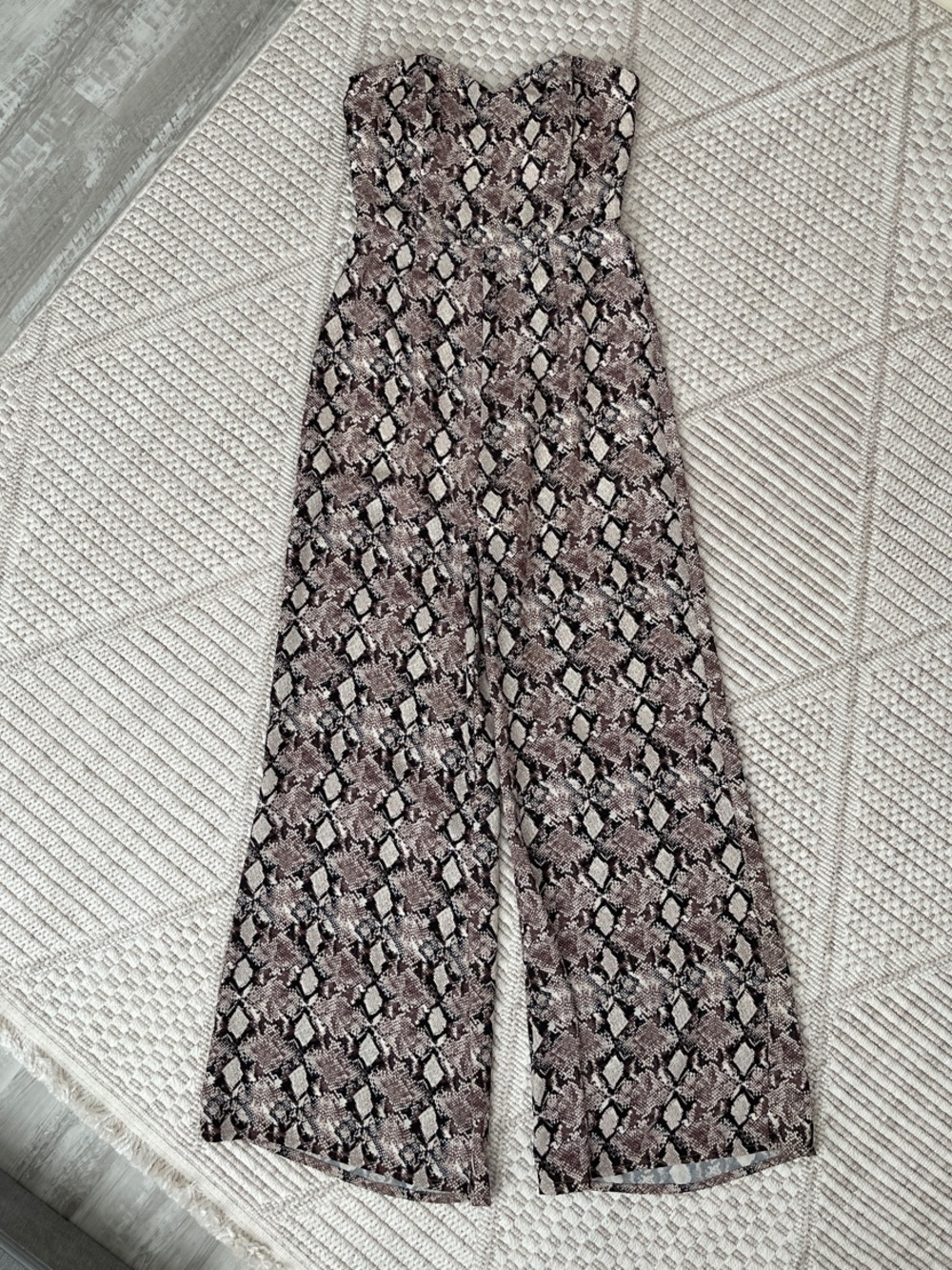 Leith Strapless Snakeskin Jumpsuit in Taupe and Black